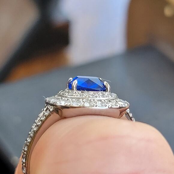 Rhodium Plated Simulated Sapphire Halo Ring - Size 7 - Double Halo Brilliance - Picture 11 of 11